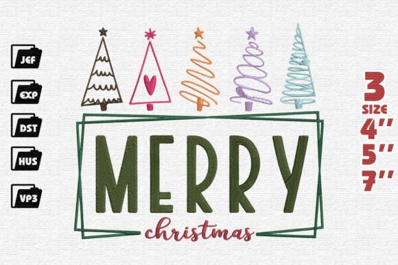 Download Modern Framed "Merry Christmas" with Whimsical Trees Embroidery Design - Modern Collection